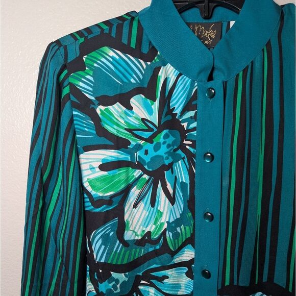 Bob Mackie Wearable Art Teal Blue Green Silk Floral Striped Button-Up Blouse XS - Picture 3 of 7